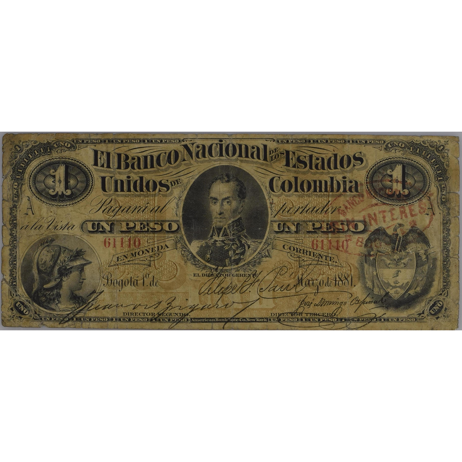Lote 171 - 1 Peso Banco Nacional de los Estados Unidos de Colombia # 61110. 1 de marzo de 1881