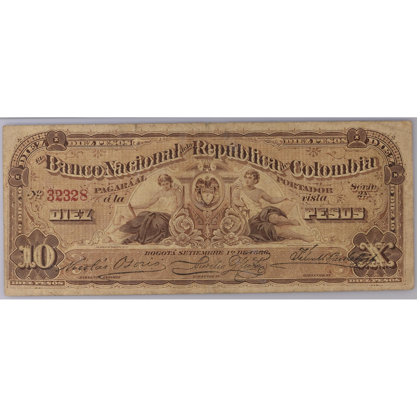 Lote 172 - 10 Pesos Oro Banco Nacional de la República de Colombia # 32328. 1 de septiembre de 1886