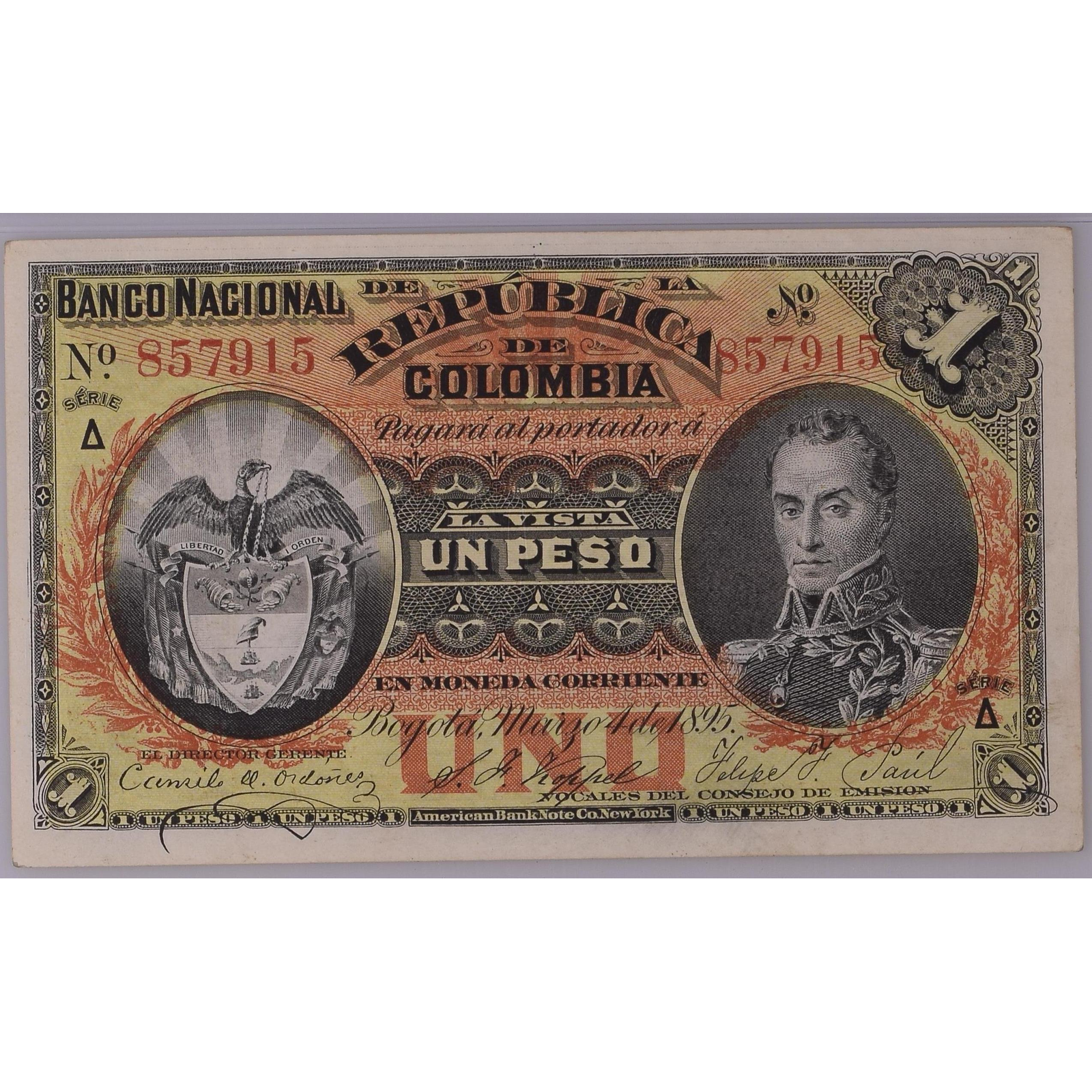 Lote 173 - 1 Peso Oro Banco Nacional de la República de Colombia # 857915. 4 de marzo de 1895