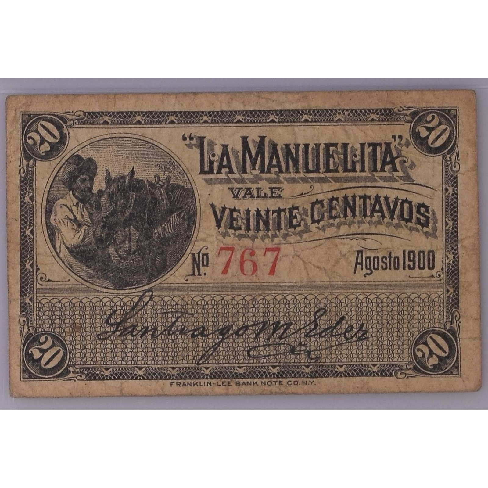 Lote 174 - 20 Centavos Hacienda la Manuelita # 767. agosto de 1900