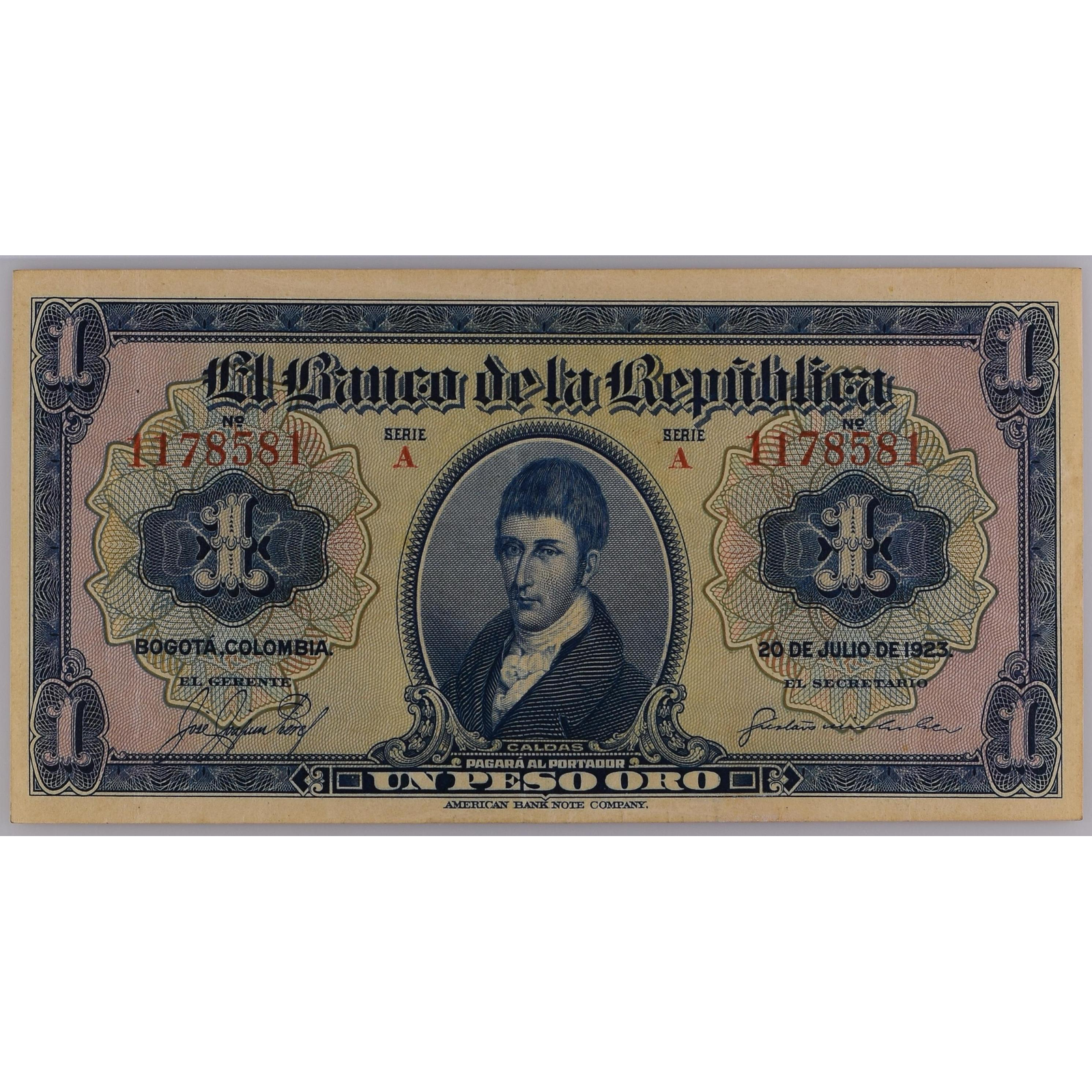 Lote 175 - 1 Peso Banco de la República # A1178581. 20 de julio de 1923