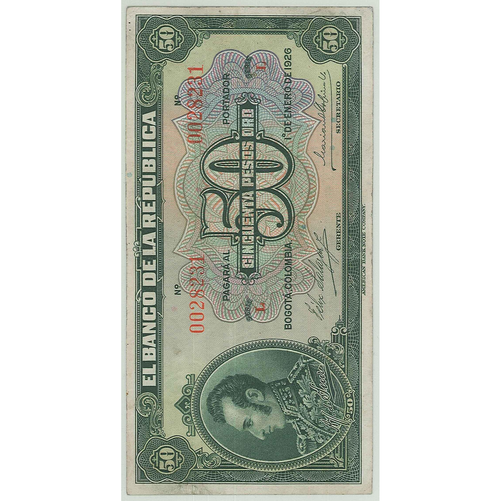 Lote 176 - 50 Pesos Oro Banco de la República # L0028231. 1 de enero 1926