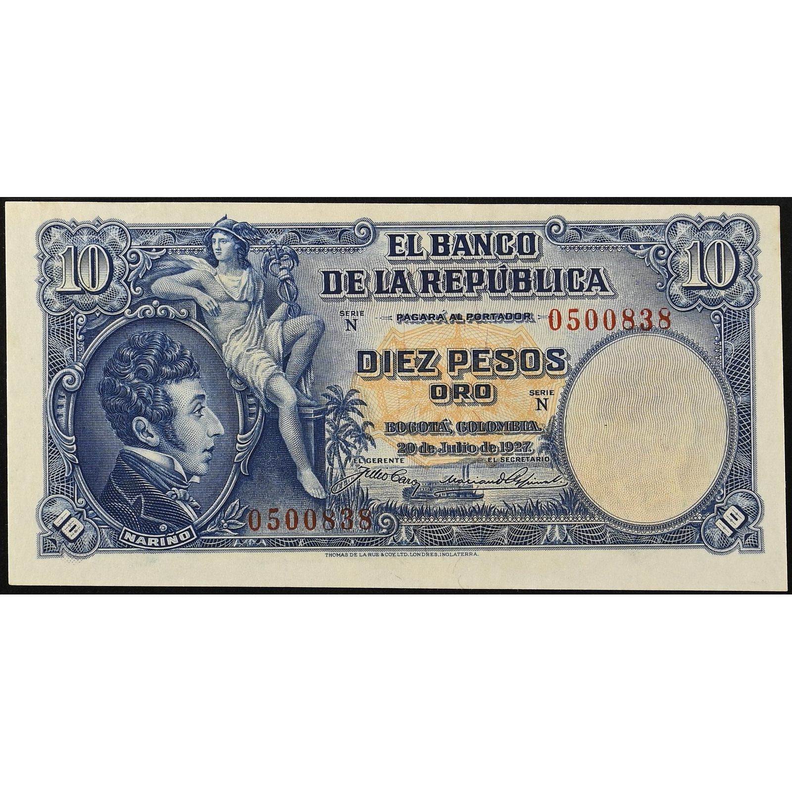 Lote 177 - 10 Pesos Oro Banco de la República # N0500838. 20 de julio de 1927