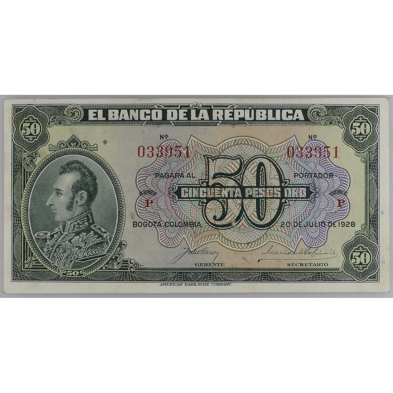 Lote 178 - 50 Pesos Oro Banco de la República # P033951. 20 de julio de 1928