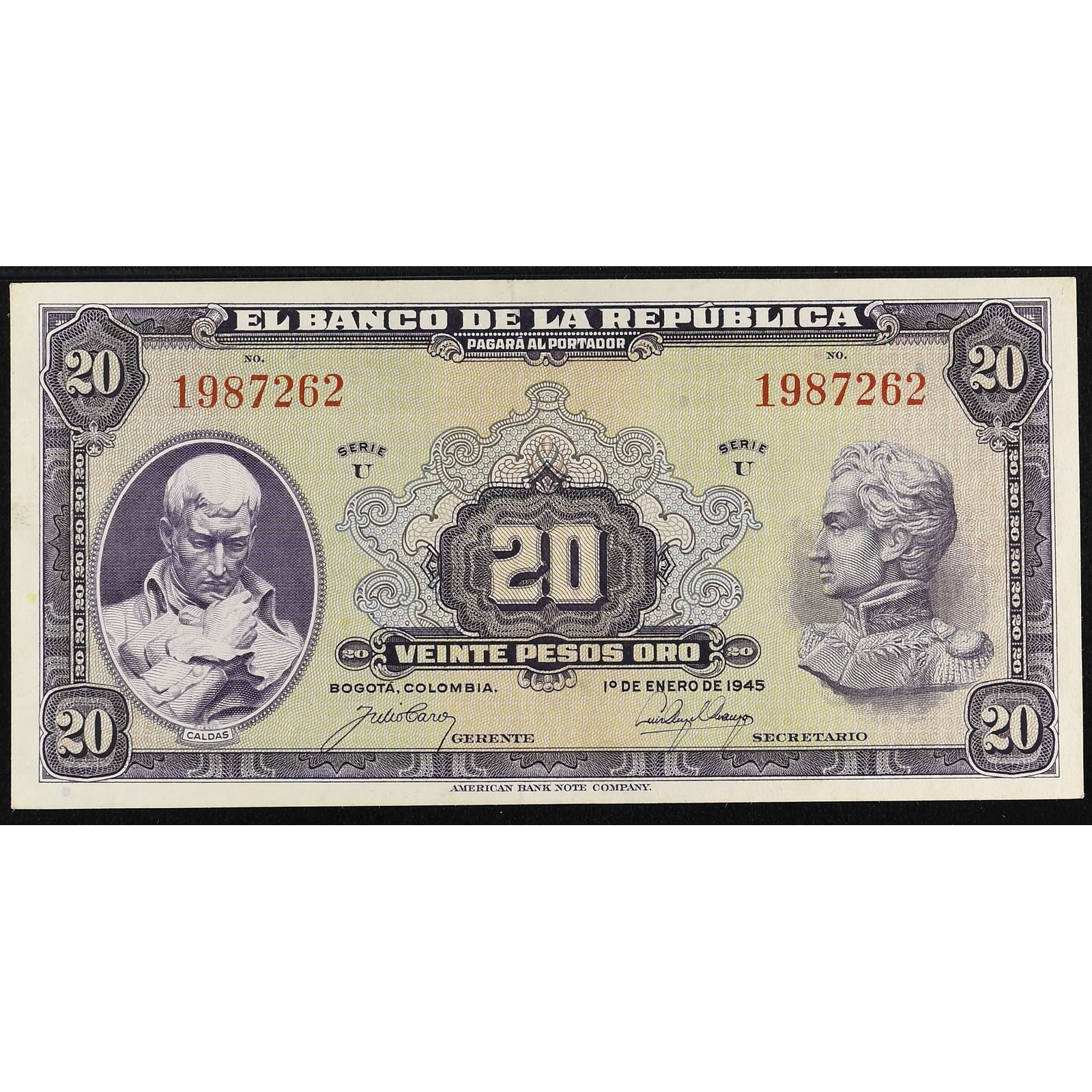 Lote 179 - 20 Pesos Oro Banco de la República # U1987262. 1 de enero de 1945