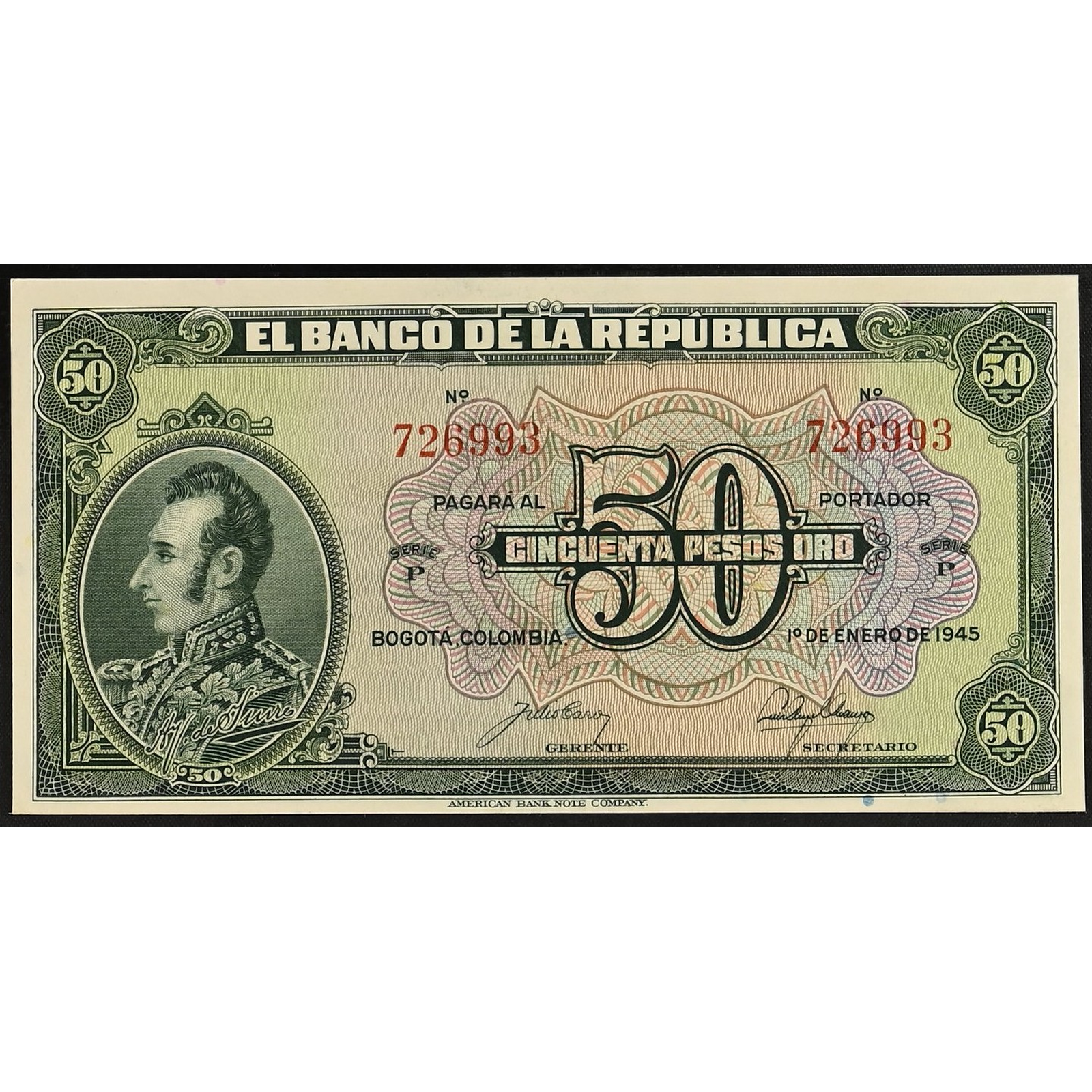 Lote 180 - 50 Pesos Oro Banco de la República #P726993. 1 de enero de 1945