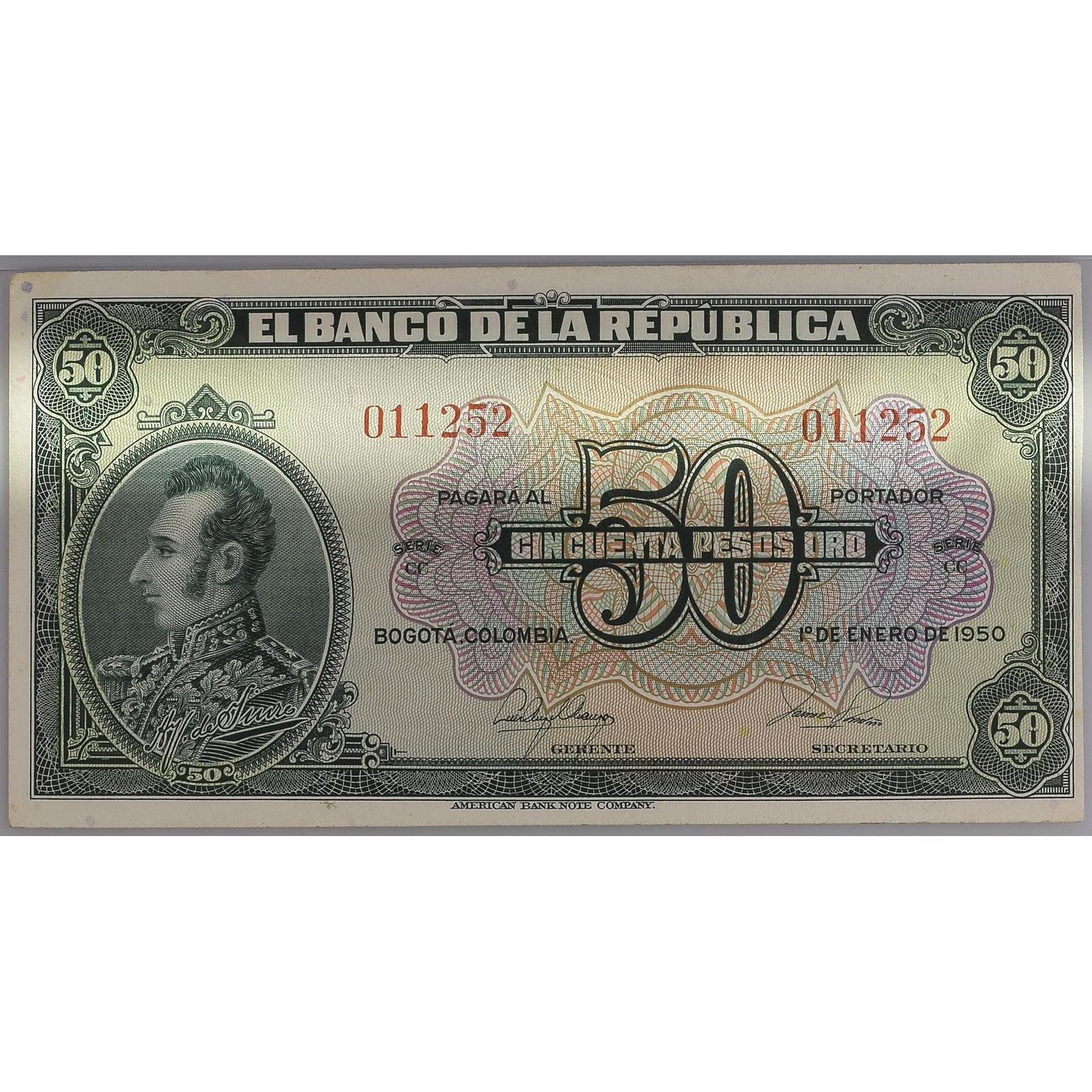 Lote 181 - 50 Pesos Oro Banco de la República # CC011252. 1 de enero 1950